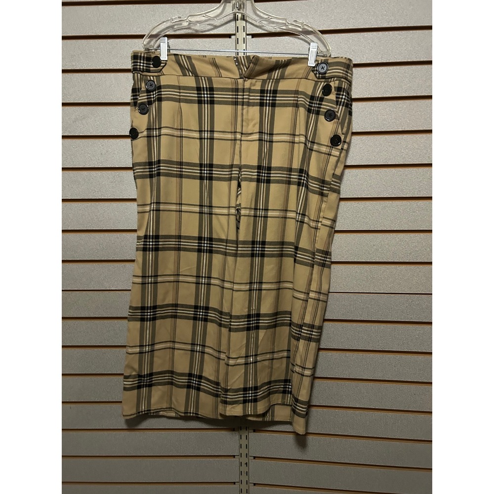 Cato Womens 18W Plaid Wide Leg Dress Pants‎ Tan Black High Rise Side Button Plus